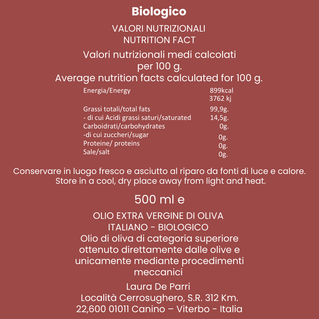Olio Extra vergine di Oliva Biologico Bottiglia da 500 ml - Image 2