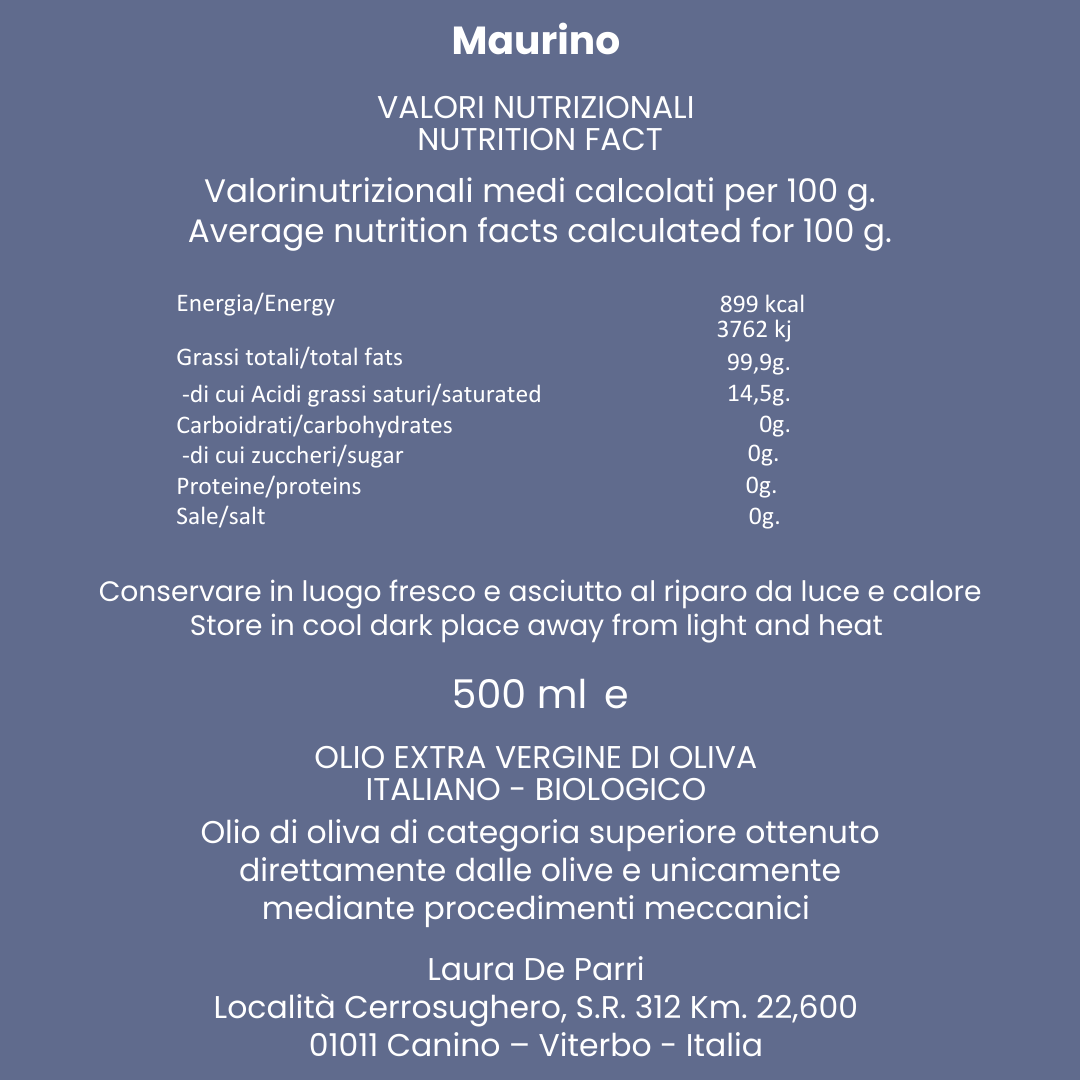 Olio Extra vergine di Oliva monocultivar Maurino Bottiglia da 500 ml - Image 2